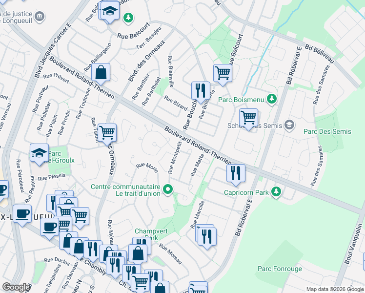 map of restaurants, bars, coffee shops, grocery stores, and more near 742 Rue Montpetit in Longueuil