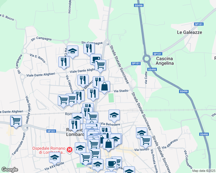map of restaurants, bars, coffee shops, grocery stores, and more near 13 Via Silvio Pellico in Romano di Lombardia