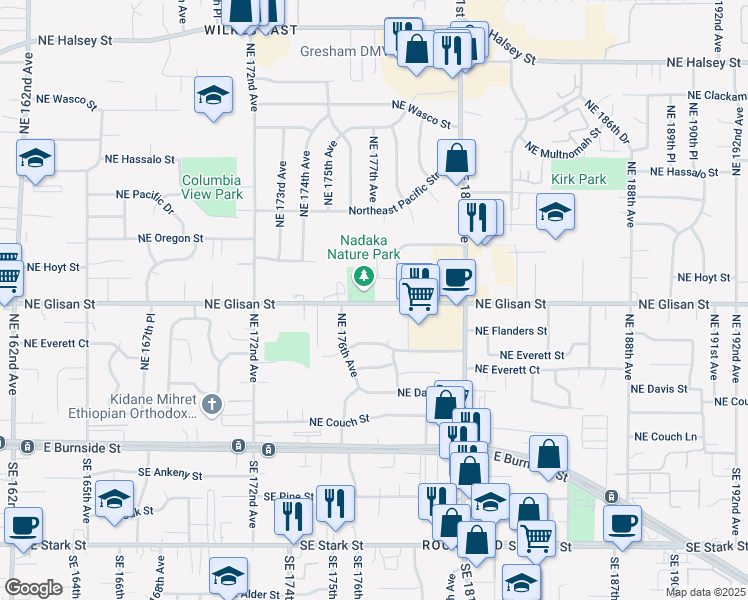 map of restaurants, bars, coffee shops, grocery stores, and more near 17699 Northeast Glisan Street in Portland