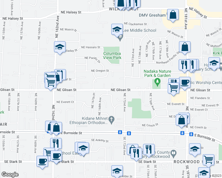 map of restaurants, bars, coffee shops, grocery stores, and more near 16931 Northeast Glisan Street in Portland