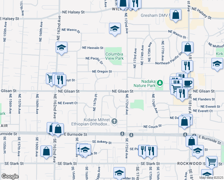 map of restaurants, bars, coffee shops, grocery stores, and more near 16929 Northeast Glisan Street in Portland