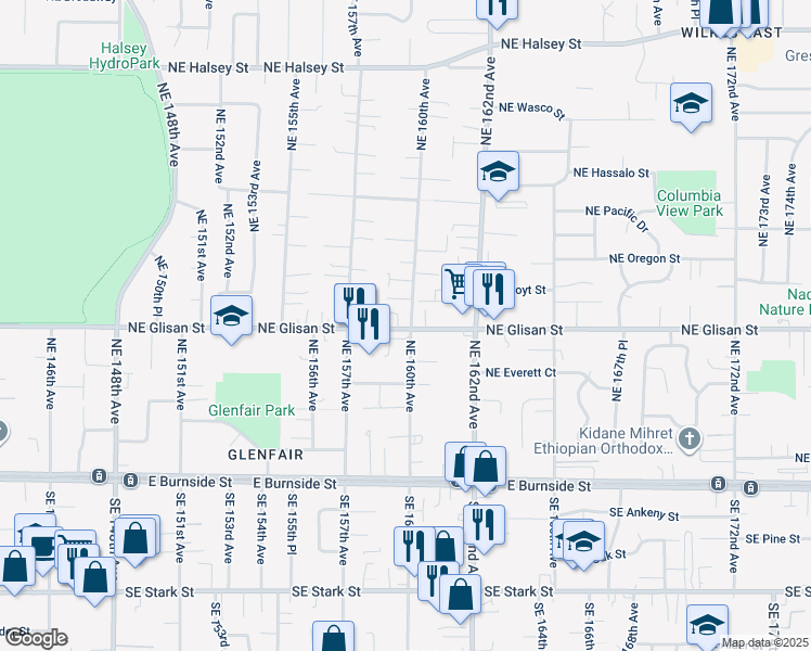 map of restaurants, bars, coffee shops, grocery stores, and more near 15927 Northeast Glisan Street in Portland