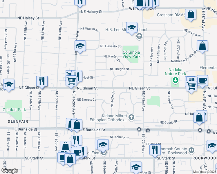 map of restaurants, bars, coffee shops, grocery stores, and more near 16701 Northeast Glisan Street in Portland