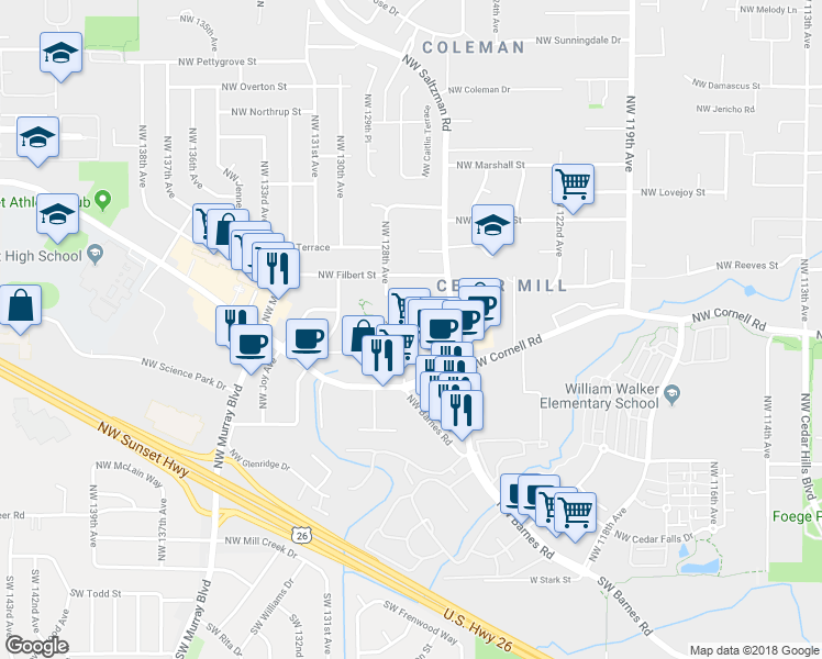 map of restaurants, bars, coffee shops, grocery stores, and more near 12750 Northwest Dogwood Street in Portland