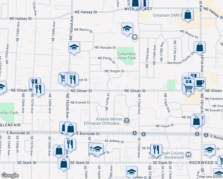 map of restaurants, bars, coffee shops, grocery stores, and more near 16739 Northeast Glisan Street in Portland
