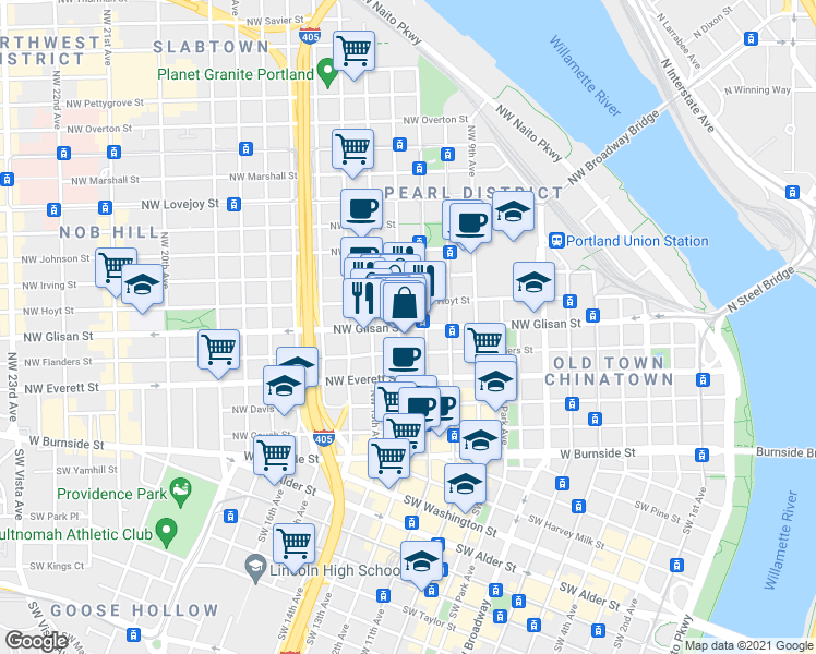 map of restaurants, bars, coffee shops, grocery stores, and more near 1203 Northwest Glisan Street in Portland