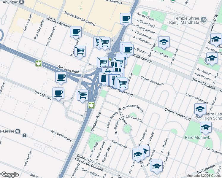 map of restaurants, bars, coffee shops, grocery stores, and more near 2344 Chemin Rockland in Mont-Royal