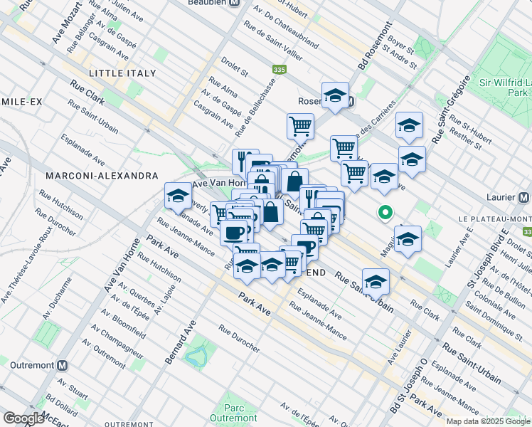 map of restaurants, bars, coffee shops, grocery stores, and more near 50 Rue Bernard Ouest in Montréal