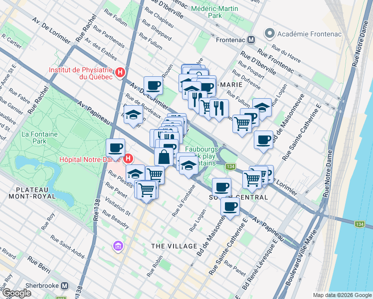 map of restaurants, bars, coffee shops, grocery stores, and more near 1930 Rue Dorion in Montréal