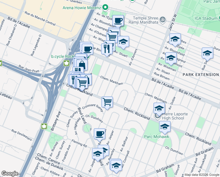 map of restaurants, bars, coffee shops, grocery stores, and more near 360 Avenue Lethbridge in Mont-Royal