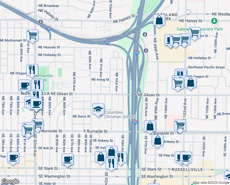 map of restaurants, bars, coffee shops, grocery stores, and more near 9265 Northeast Glisan Street in Portland