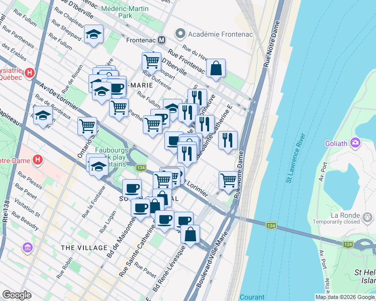 map of restaurants, bars, coffee shops, grocery stores, and more near 1451 Rue Parthenais in Montréal