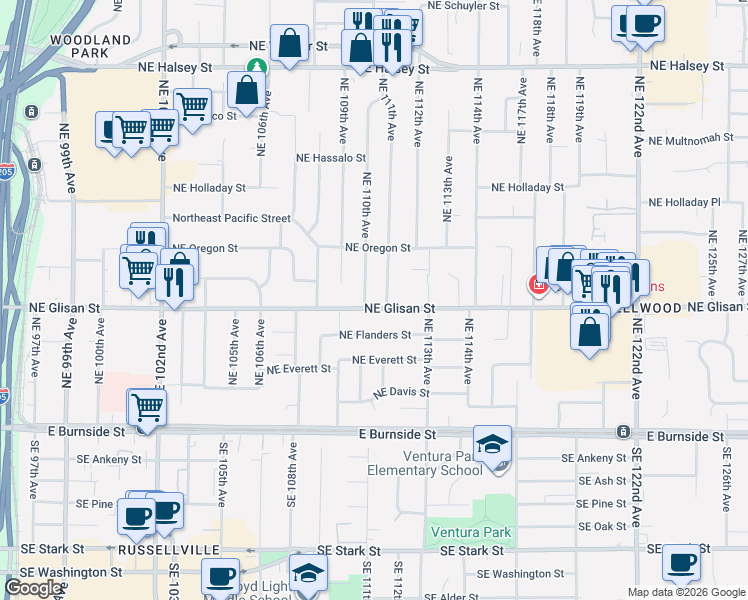 map of restaurants, bars, coffee shops, grocery stores, and more near 11023 Northeast Glisan Street in Portland