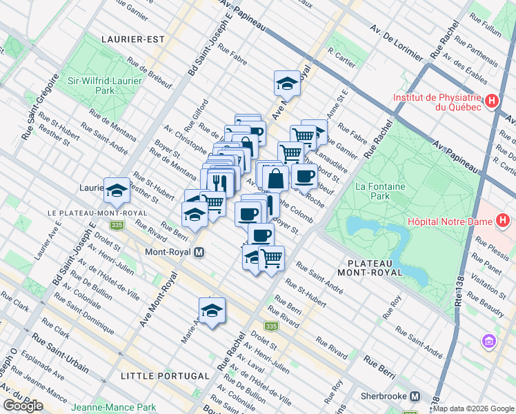 map of restaurants, bars, coffee shops, grocery stores, and more near 4377 Boyer Street in Montreal