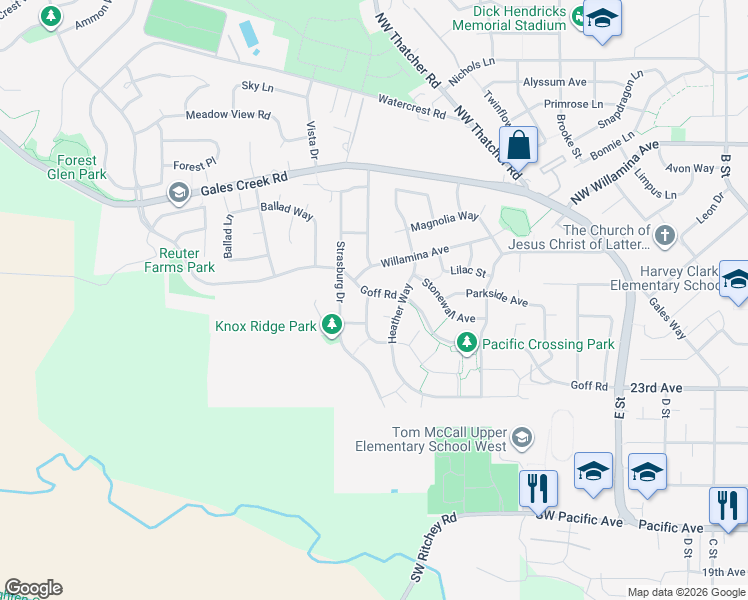 map of restaurants, bars, coffee shops, grocery stores, and more near 2615 Forge Drive in Forest Grove