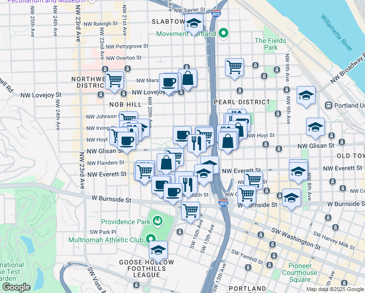 map of restaurants, bars, coffee shops, grocery stores, and more near 507 NW 18th Ave in Portland