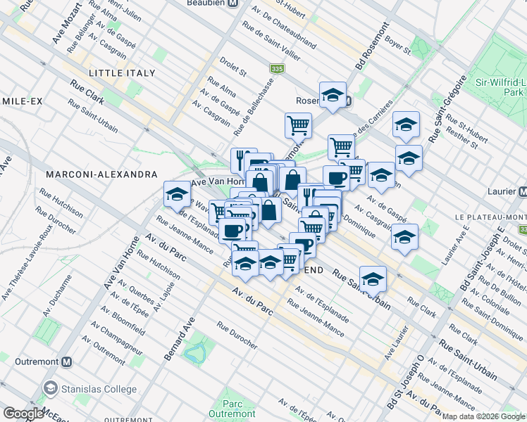 map of restaurants, bars, coffee shops, grocery stores, and more near 50 Rue Bernard Ouest in Montreal