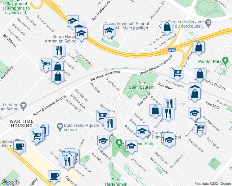 map of restaurants, bars, coffee shops, grocery stores, and more near 1030 Place Cléroux in Montréal
