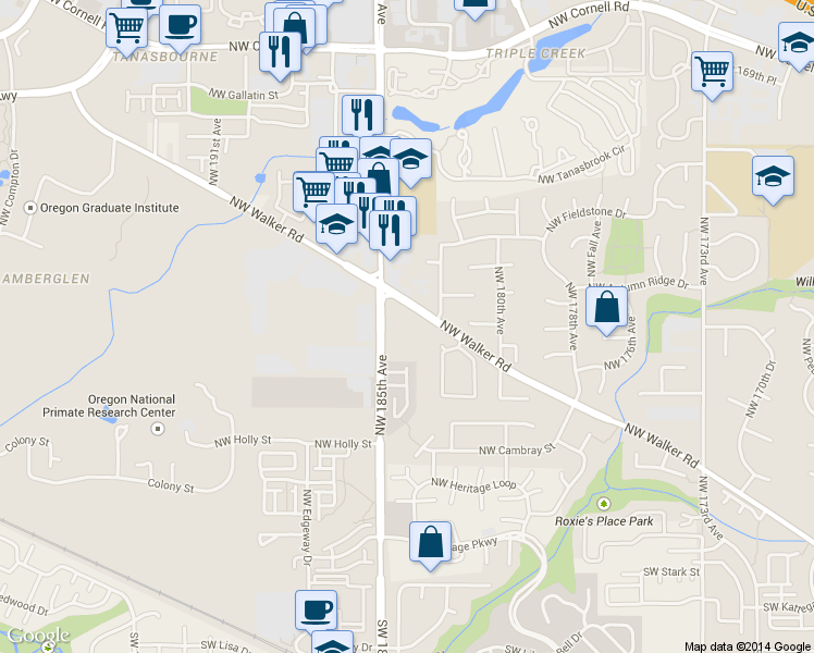 map of restaurants, bars, coffee shops, grocery stores, and more near 970 Northwest 185th Avenue in Beaverton