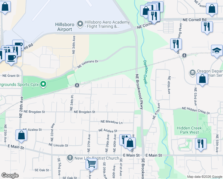 map of restaurants, bars, coffee shops, grocery stores, and more near 3958 Northeast Laura Street in Hillsboro