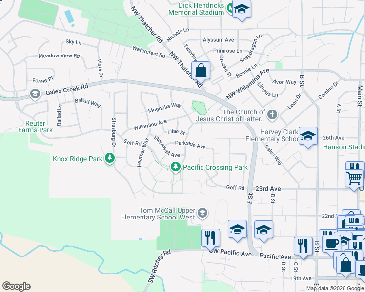 map of restaurants, bars, coffee shops, grocery stores, and more near 2610 Windstream Street in Forest Grove