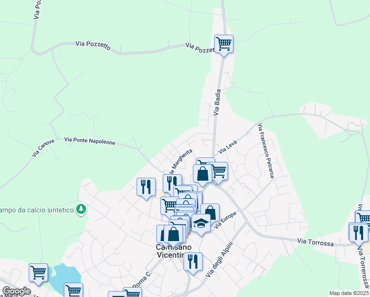 map of restaurants, bars, coffee shops, grocery stores, and more near 19 Viale Margherita in Camisano Vicentino