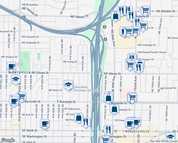 map of restaurants, bars, coffee shops, grocery stores, and more near 502 Northeast 94th Avenue in Portland
