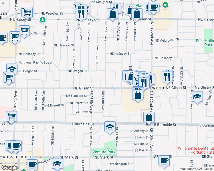 map of restaurants, bars, coffee shops, grocery stores, and more near 506 Northeast 114th Avenue in Portland