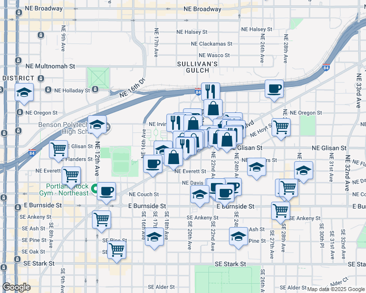 map of restaurants, bars, coffee shops, grocery stores, and more near 1935 Northeast Glisan Street in Portland