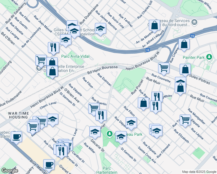 map of restaurants, bars, coffee shops, grocery stores, and more near 1025 Boulevard du Ruisseau in Montréal