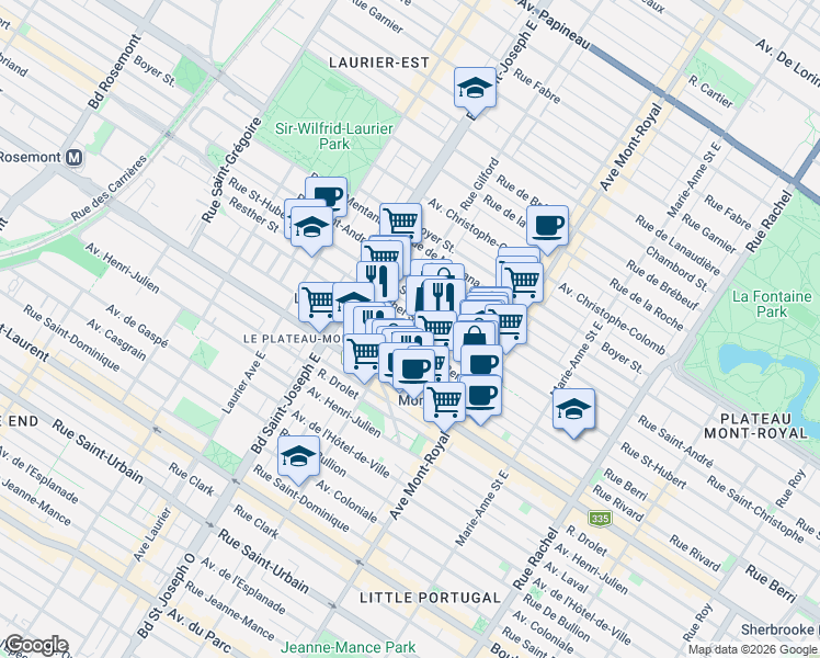 map of restaurants, bars, coffee shops, grocery stores, and more near 4717 Rue Pontiac in Montréal