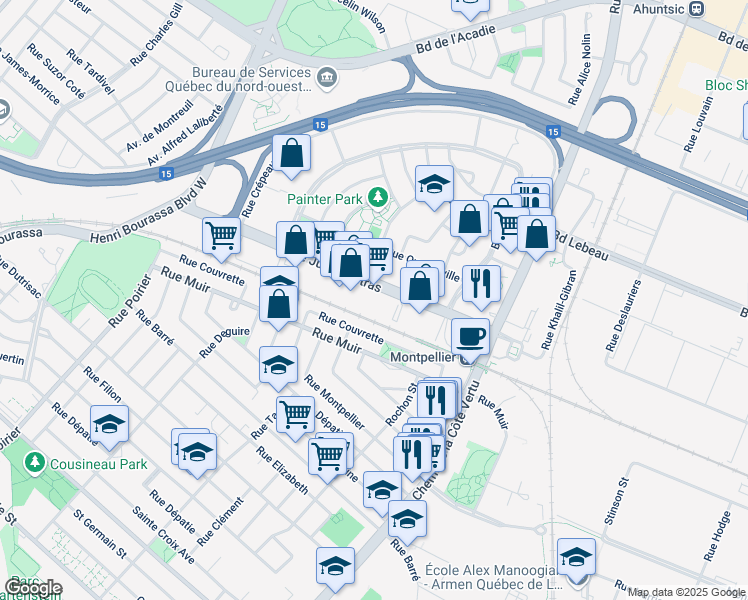 map of restaurants, bars, coffee shops, grocery stores, and more near 1300 Boulevard Jules-Poitras in Montreal
