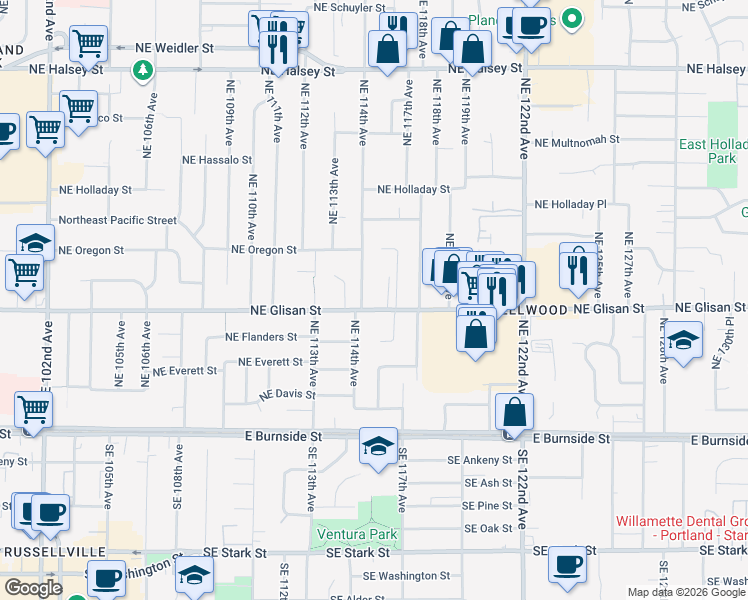 map of restaurants, bars, coffee shops, grocery stores, and more near 11505 Northeast Glisan Street in Portland