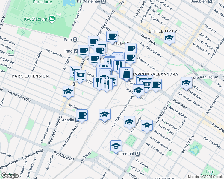 map of restaurants, bars, coffee shops, grocery stores, and more near in Montreal