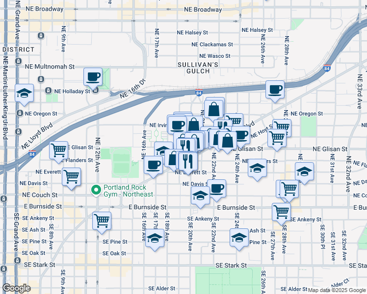 map of restaurants, bars, coffee shops, grocery stores, and more near 1935 Northeast Glisan Street in Portland