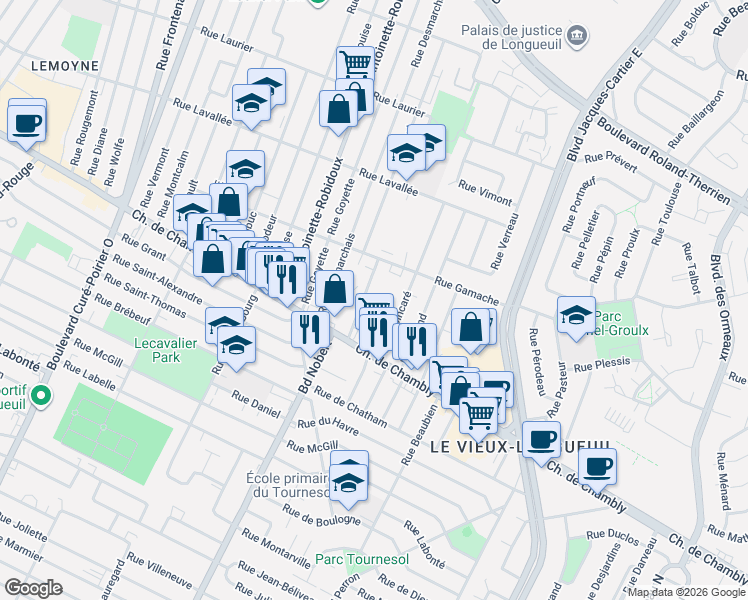 map of restaurants, bars, coffee shops, grocery stores, and more near 100 Rue Sacré Coeur in Longueuil