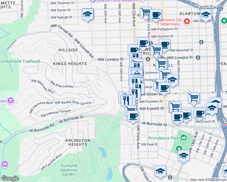 map of restaurants, bars, coffee shops, grocery stores, and more near 2445 Northwest Westover Road in Portland
