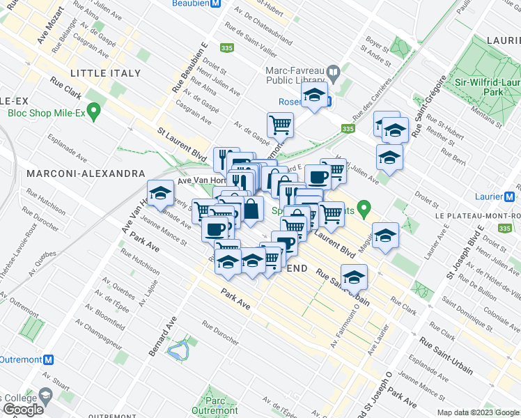 map of restaurants, bars, coffee shops, grocery stores, and more near 5721 Rue Clark in Montréal