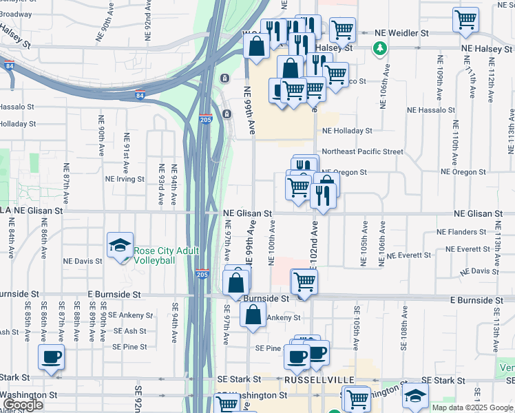map of restaurants, bars, coffee shops, grocery stores, and more near 610 Northeast 99th Avenue in Portland