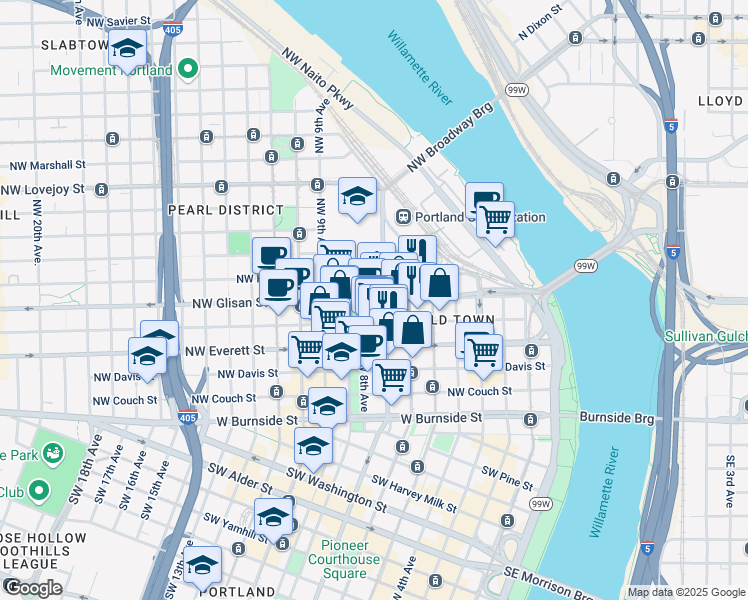 map of restaurants, bars, coffee shops, grocery stores, and more near 720 Northwest Glisan Street in Portland