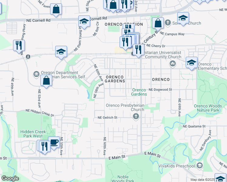 map of restaurants, bars, coffee shops, grocery stores, and more near 491 Northeast 61st Way in Hillsboro