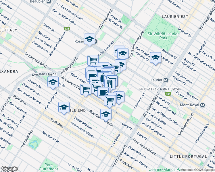 map of restaurants, bars, coffee shops, grocery stores, and more near in Montreal