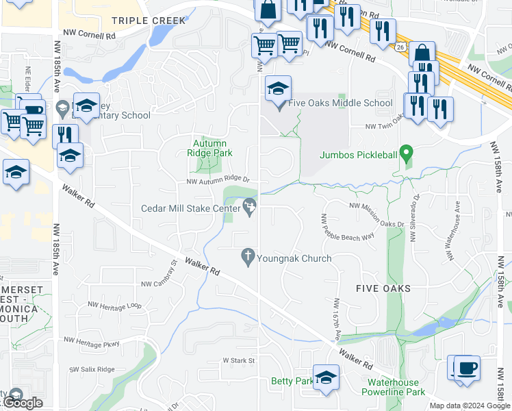 map of restaurants, bars, coffee shops, grocery stores, and more near 977 Northwest 170th Drive in Beaverton