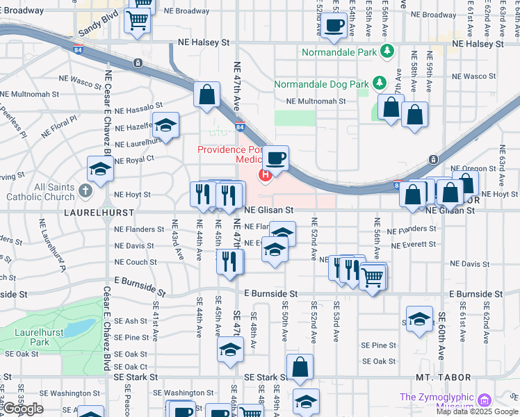 map of restaurants, bars, coffee shops, grocery stores, and more near 4805 Northeast Glisan Street in Portland