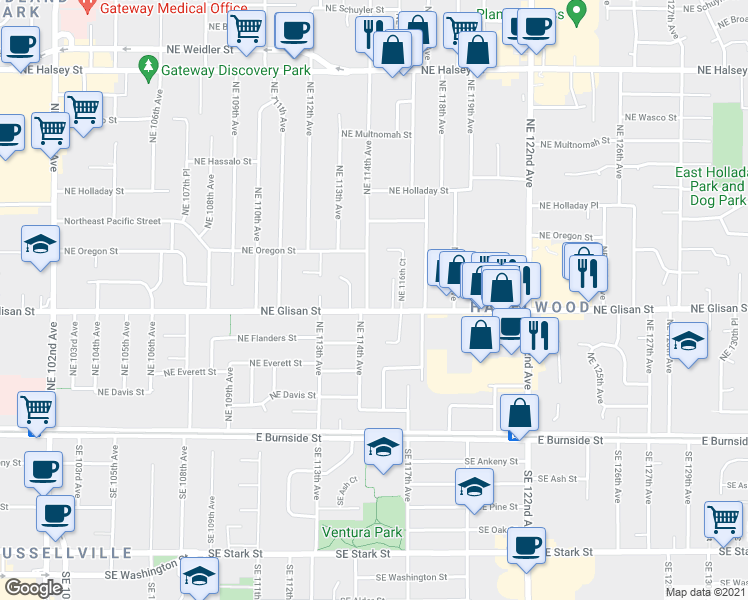 map of restaurants, bars, coffee shops, grocery stores, and more near 11505 Northeast Glisan Street in Portland