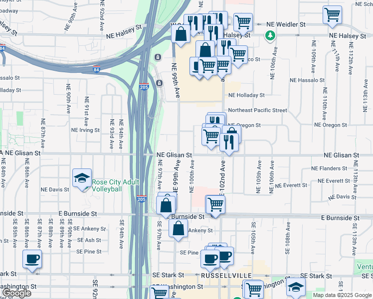 map of restaurants, bars, coffee shops, grocery stores, and more near 610 Northeast 99th Avenue in Portland