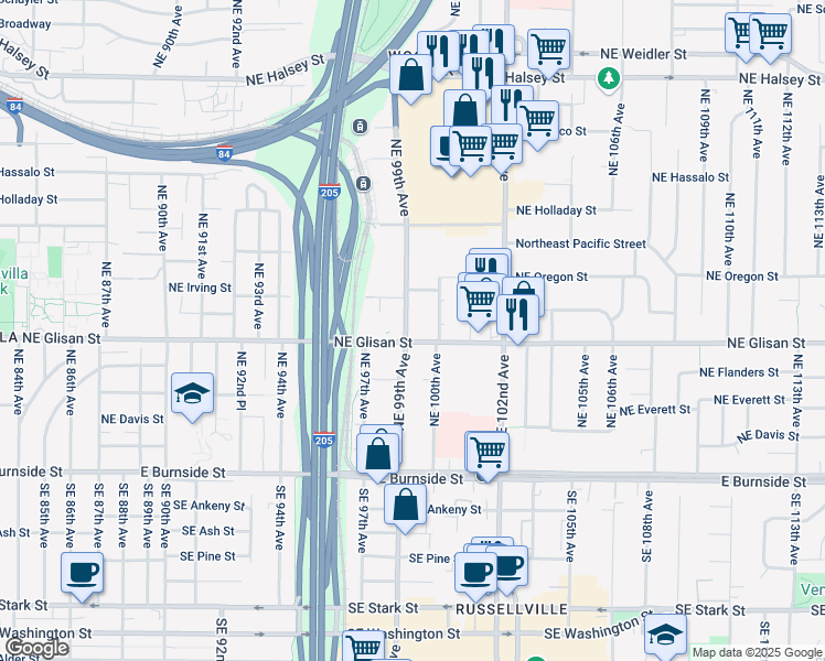 map of restaurants, bars, coffee shops, grocery stores, and more near 610 Northeast 99th Avenue in Portland