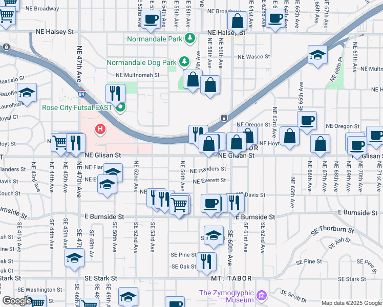 map of restaurants, bars, coffee shops, grocery stores, and more near 5634 Northeast Glisan Street in Portland