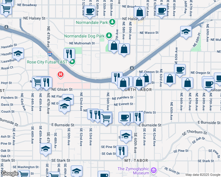 map of restaurants, bars, coffee shops, grocery stores, and more near 5634 Northeast Glisan Street in Portland