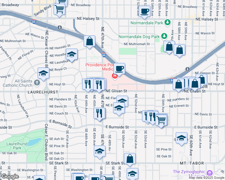 map of restaurants, bars, coffee shops, grocery stores, and more near 4830 Northeast Glisan Street in Portland